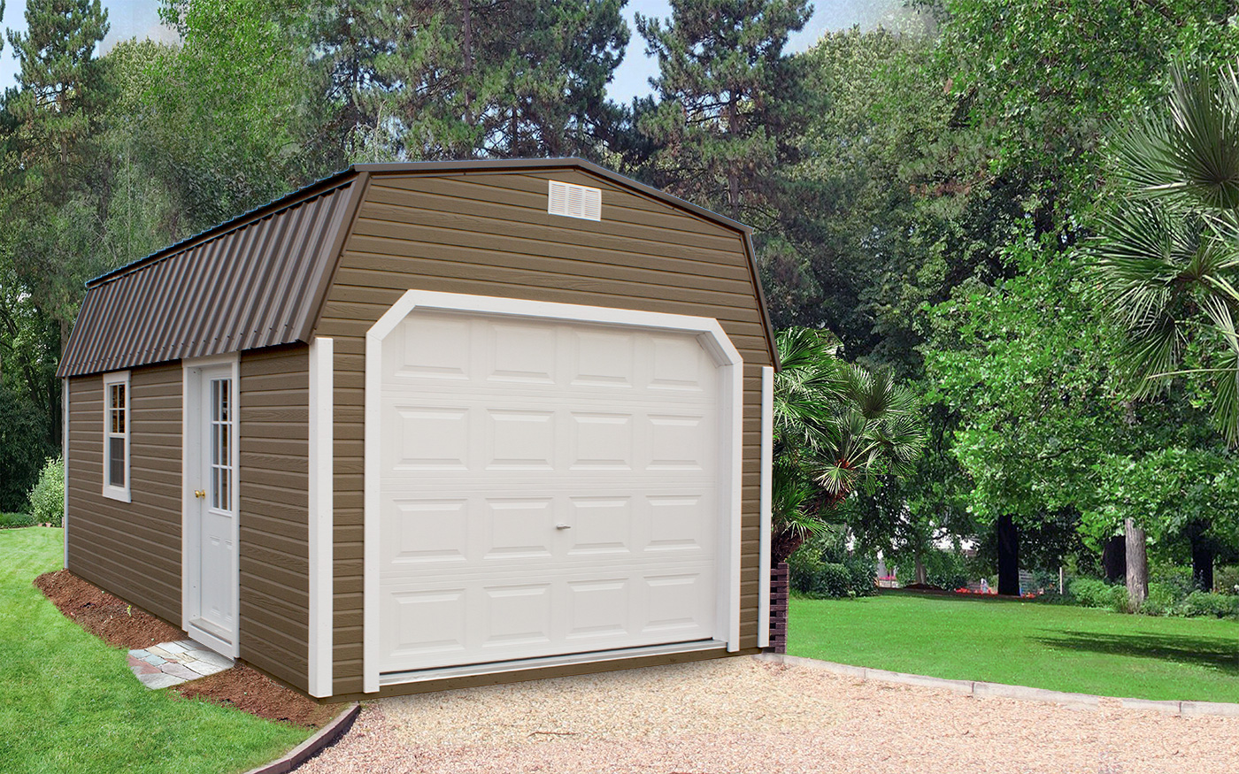 brown garage with white trim